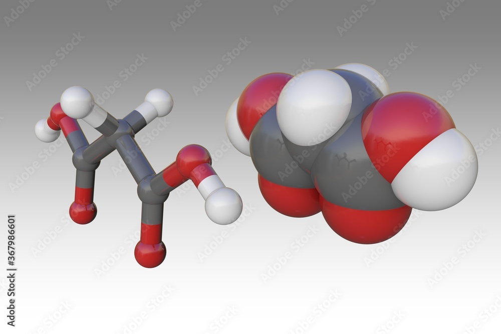 Molecular model of malonic or propanedioic acid. Atoms are represented ...