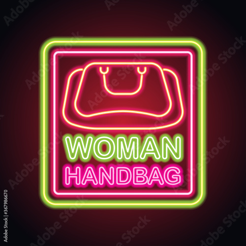 woman hand bag shop neon sign for woman bag shop and store plank banner. vector illustration photo