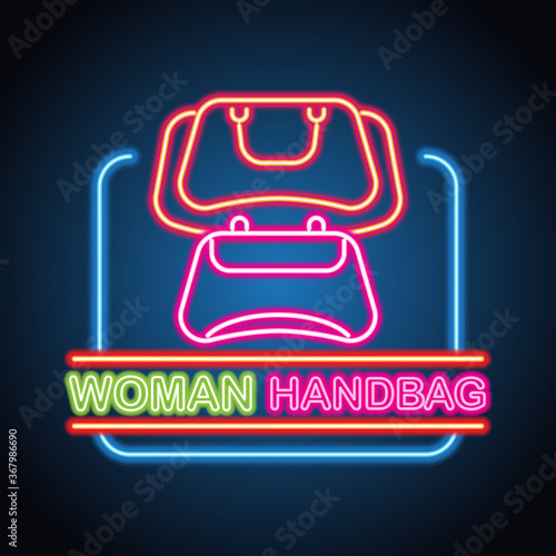 woman hand bag shop neon sign for woman bag shop and store plank banner. vector illustration photo