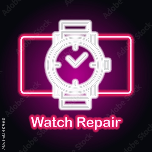 man and woman watches repair neon sign for watcher maker and store plank banner. vector illustration