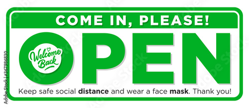 Open sign on the front door come in, we’re work again! Keep social distancing and wear face mask. Vector