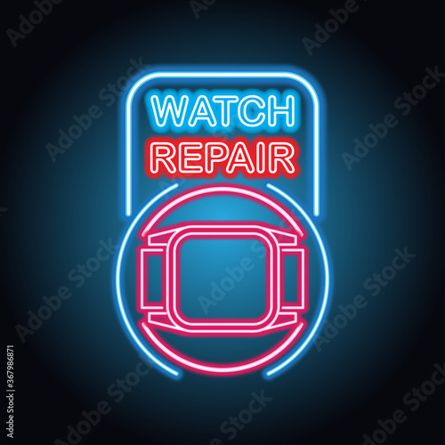 man and woman watches repair neon sign for watcher maker and store plank banner. vector illustration
