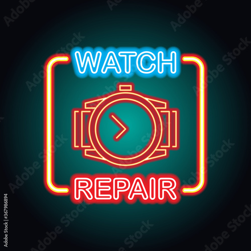 man and woman watches repair neon sign for watcher maker and store plank banner. vector illustration