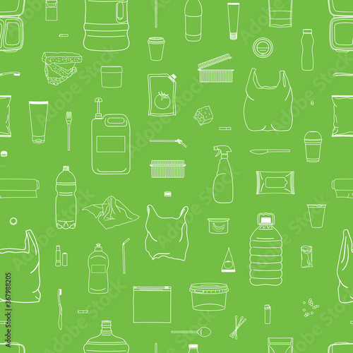 Seamless pattern of colorful garbage. Line icons.