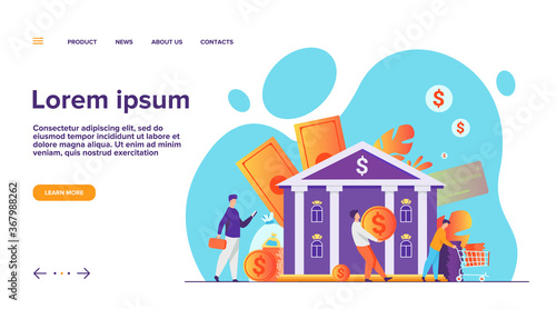 People with money walking to bank building. Queue of characters carrying cash near bank office. Vector illustration for finance, loan, credit department concept