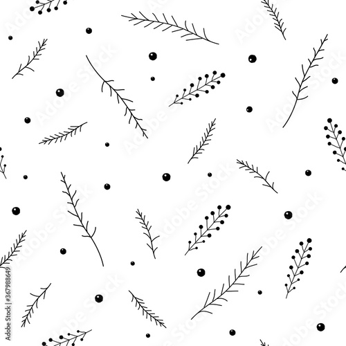 Floral Seamless pattern texture with black berries, twigs and sprigs.