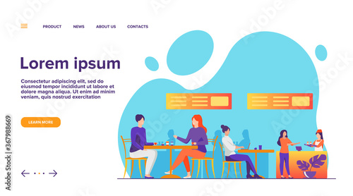 People eating in food court cafeterias. Cartoon characters sitting at cafe tables and having lunch or dinner. Vector illustration for restaurant interior, catering, shopping mall concept