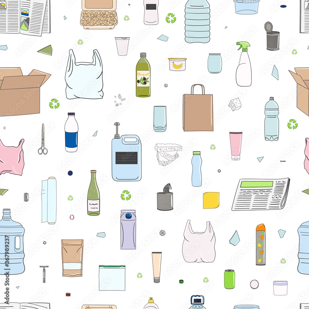 Seamless pattern of colorful garbage. Recycle concept. Seamless pattern of colorful garbage. Recycle concept.