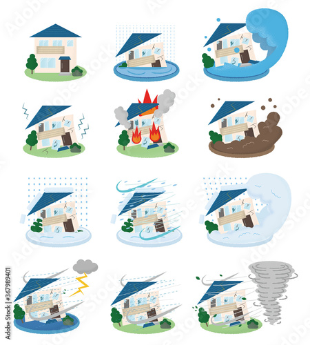 災害に遭い崩壊する住宅のベクターイラストセット