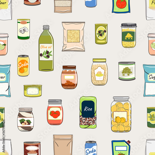 Seamless pattern of canned food. Preserved food in cans, glass jars, metal cans, packs of cereals