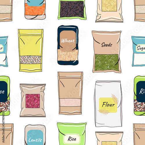 Seamless pattern of packs of cereals for kitchen storage
