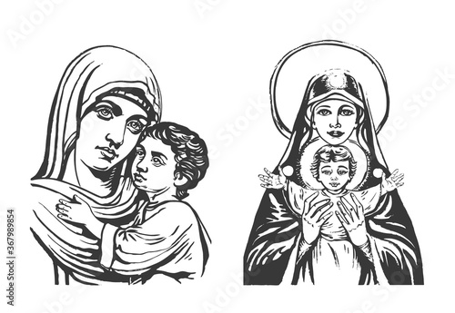 Set graphic sketches of Madonna and Child. Blessed Virgin Mary with Baby Jesus. Vector