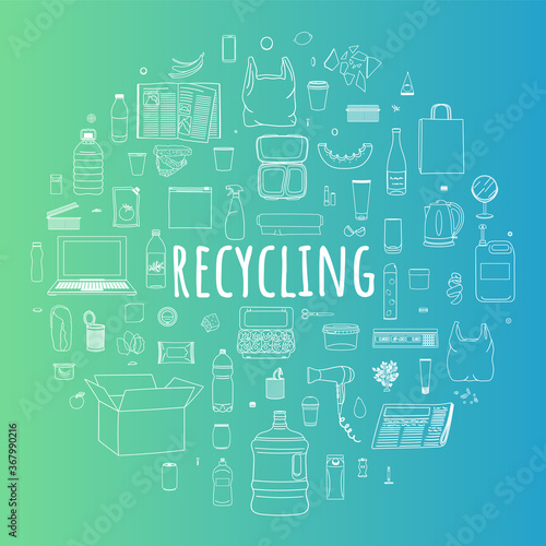 Set of sorted garbage in circle. Waste management