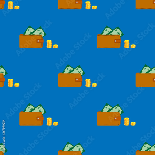 Leather wallet, purse with a stack of gold coins. Seamless ornament, pattern, background and template. Vector square