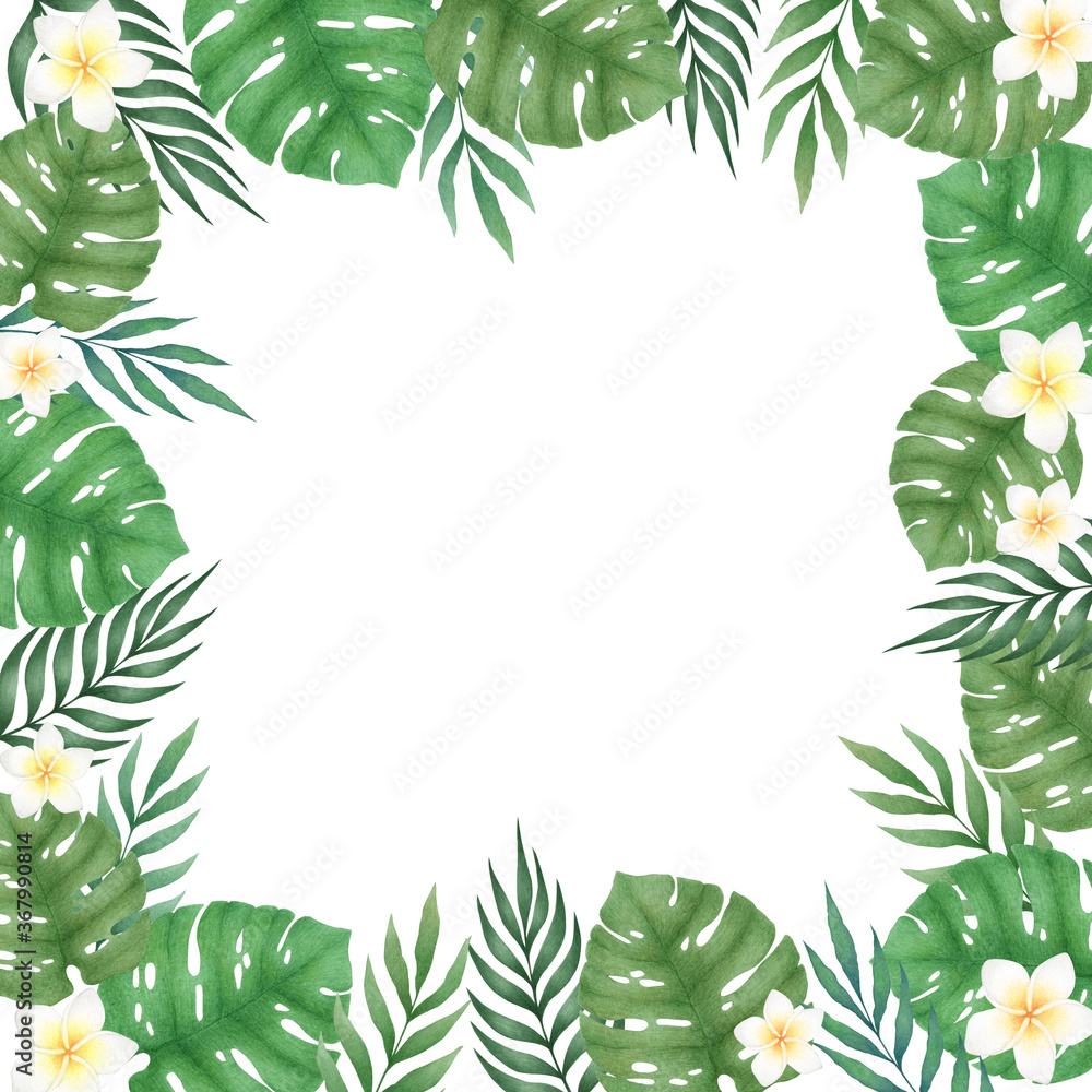 Naklejka premium Watercolor Illustration with hand drawn floral frame from monstera leaves and palm branches isolated on white background. Tropical design for invitation, poster, card, print