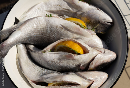 gutted gilthead / dorado prepared for grilling / cooking photo