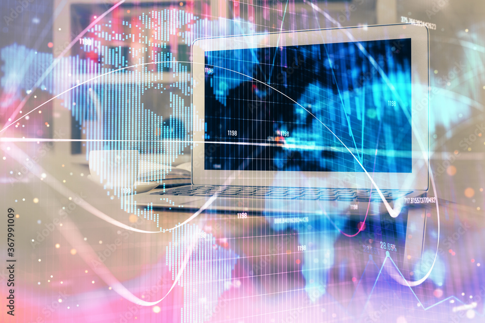 Multi exposure of business theme icons and table with computer background. Concept of success. Multi exposure of business theme icons and table with computer background. Concept of success.