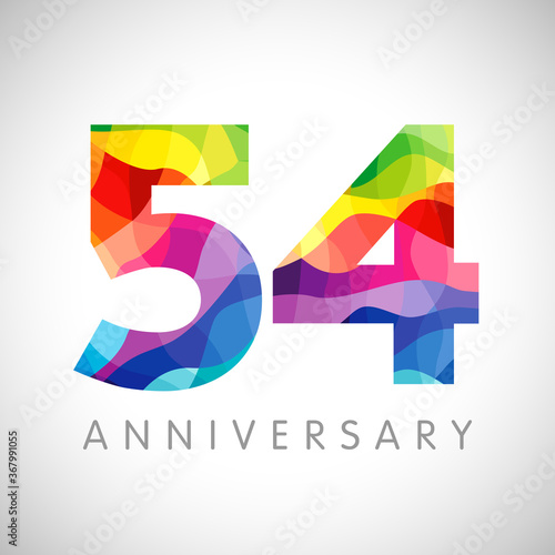 54th anniversary numbers. 54 years old logotype. Bright congrats. Isolated abstract graphic design template. Creative 5, 4 sign 3D digits. Up to 54%, -54% percent off discount. Congratulation concept. photo