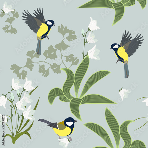 Seamless pattern with campanula and birds on a gray background.