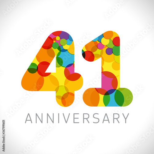 41 st anniversary numbers. 41 years old multicolored congrats. Cute congratulation concept. Isolated abstract graphic design template. Age digits. Up to 41%, -41% percent off discount. Decorative sign