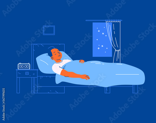 Young man sleeping in cozy bed with alarm clock on on night table. Sleep time and sleep mode control. Vector flat illustration, line art.