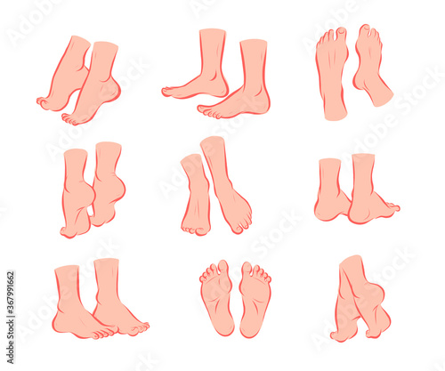 Collection of bare human man and woman feet pairs arranged in different poses  isolated on white background. Front, side, back view. Foot icon. Vector flat illustration.