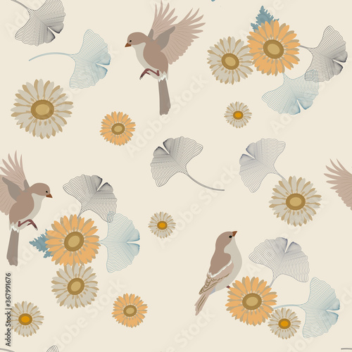 Obraz na plátně Seamless vector illustration with gerberas, gingo biloba leaves and birds on a beige background