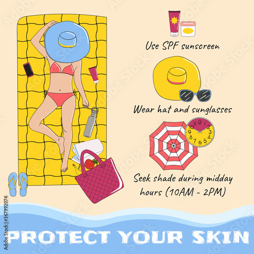 Sunbathing infographic. Skin protection and sun safety infographics