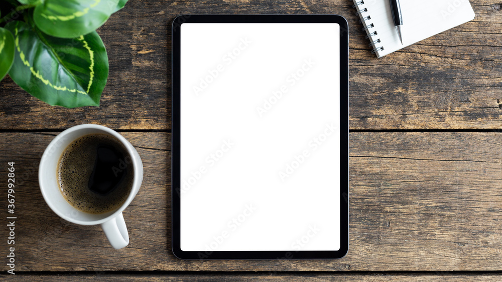 Mockup image tablet with blank white screen on wooden table Mockup image tablet with blank white screen on wooden table