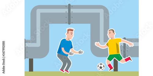 A child plays in the street near the pipes of the heating main. Child safety: do not play near pipes, stay near pipe connections. Vector illustration. Flat infographics