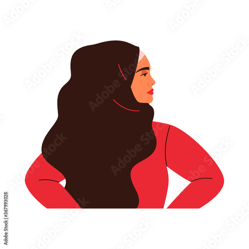 Young Arabian woman is standing in profile. Muslim girl is wearing black hijab. Vector illustration in flat style