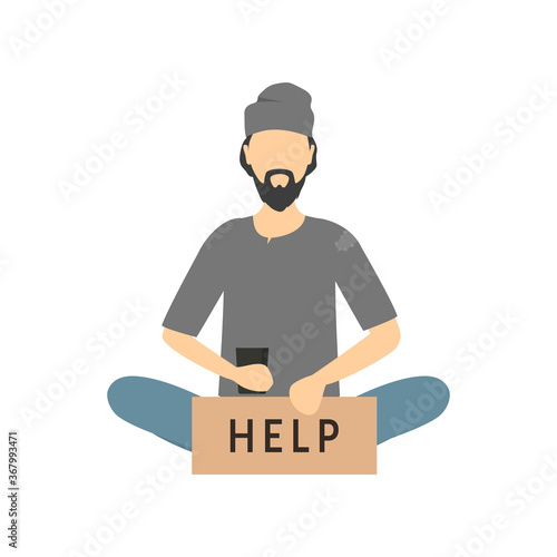 Cartoon Color Character Homeless Person with Poster. Vector