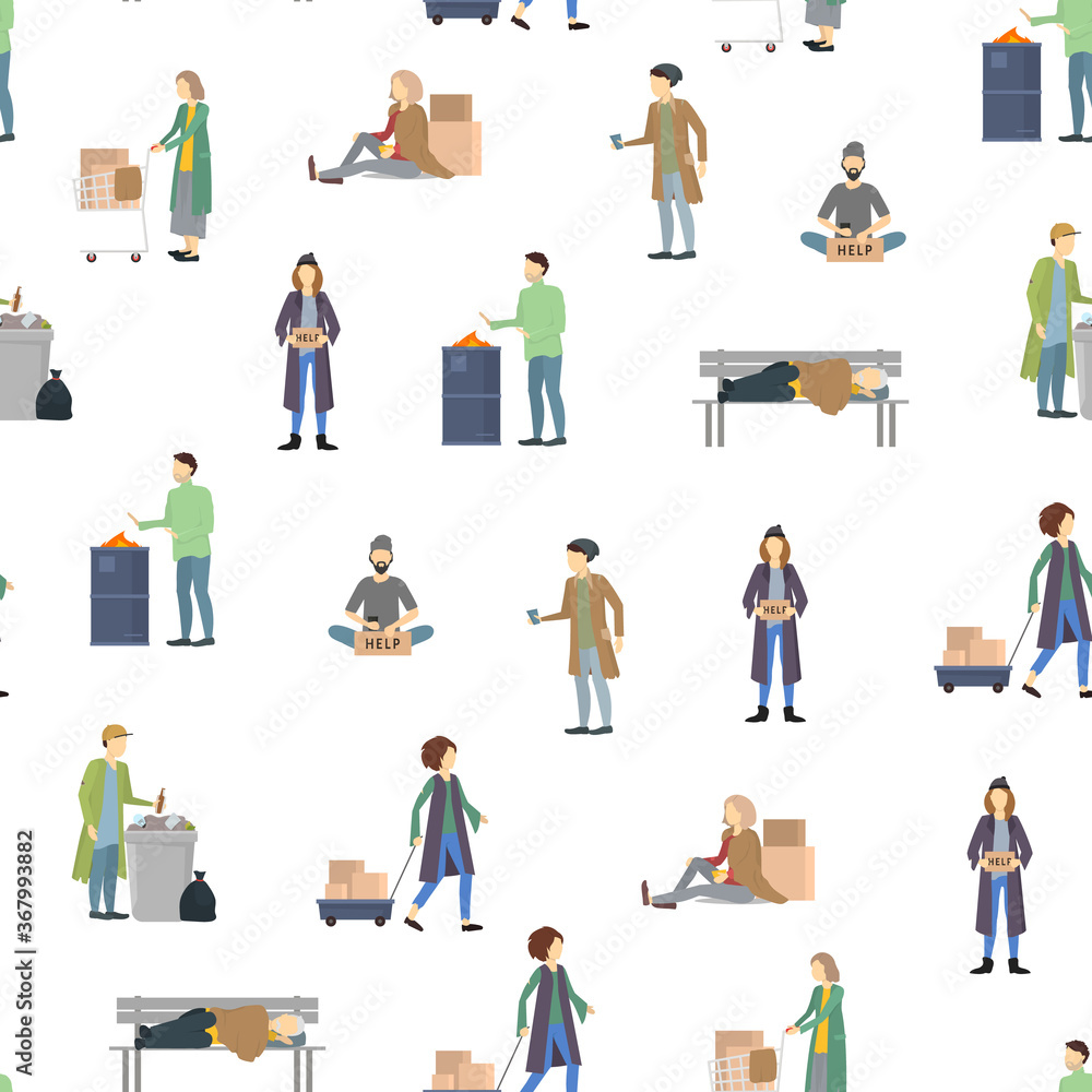Cartoon Characters Homeless People Seamless Pattern Background. Vector Cartoon Characters Homeless People Seamless Pattern Background. Vector