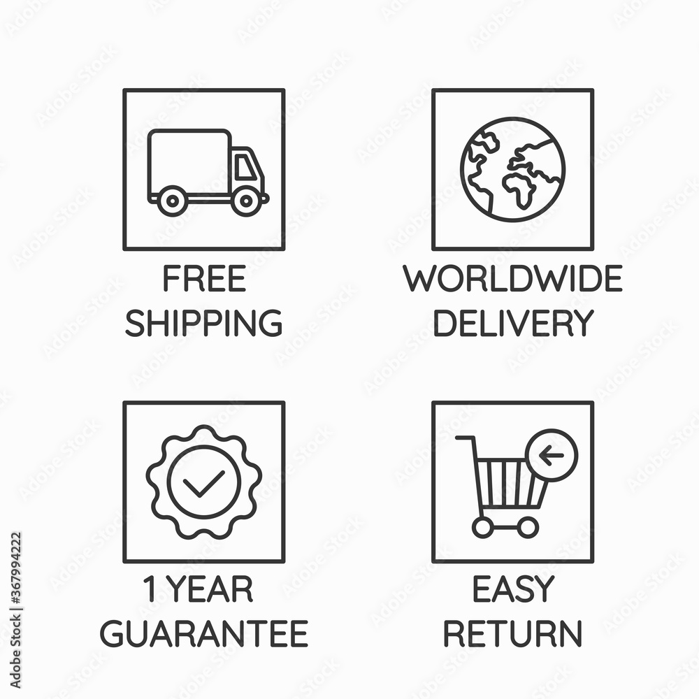 Vector icons related to e-commerce and online shopping - free shipping, worldwide delivery, 1 year guarantee, easy returns