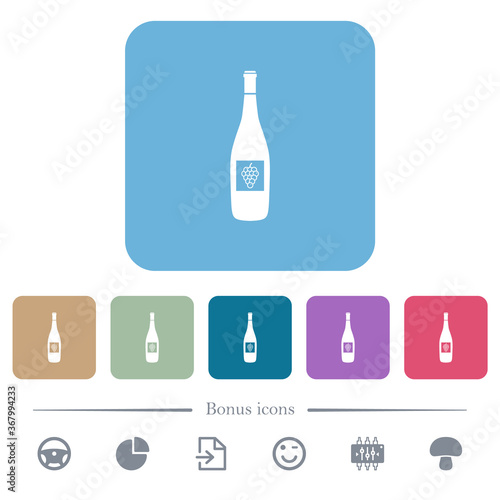 Wine bottle with grapes flat icons on color rounded square backgrounds