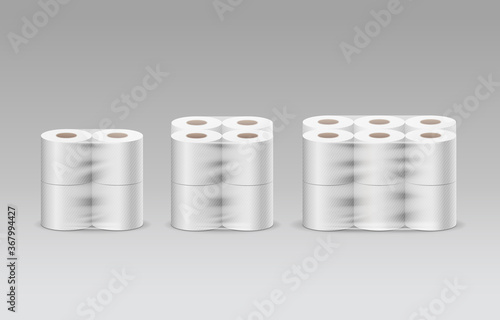 Plastic roll tissue paper three product, four rolls, eight rolls, twelve rolls, collection on gray background template design, vector illustration