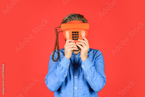 Outdated technology. Manager phone dialog communication. Call me. Successful negotiations. Retro phone. Sales script. Answering machine. Bearded man phone conversation. Cold Calling Scripts