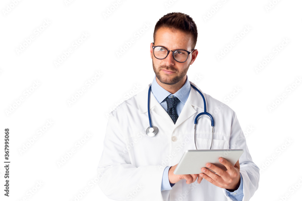 Portrait of male doctor standing at isolated white background with digital tablet Portrait of male doctor standing at isolated white background with digital tablet