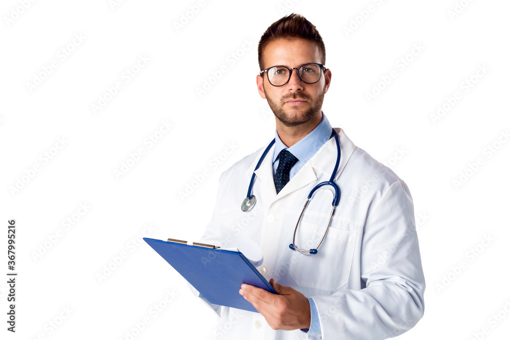 Portrait of male doctor with clipboard in his hand standing at isolated white background Portrait of male doctor with clipboard in his hand standing at isolated white background