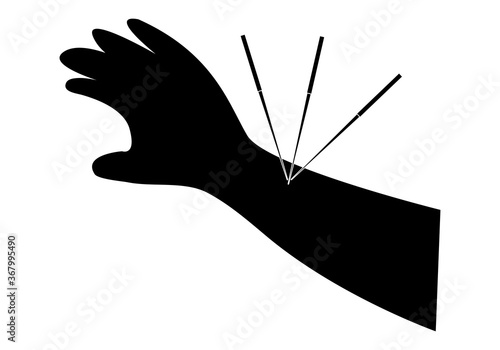 Icono negro de un brazo con agujas de acupuntura. 
