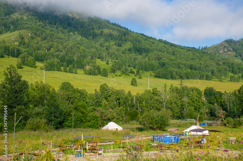 Landscape of Altai Mountains and holiday home in Russia with forest and plants 