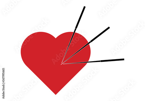 Icono rojo de un corazón con agujas de acupuntura. 