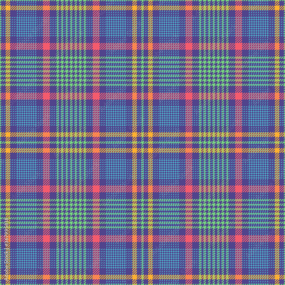 Plaid pattern. Colorful glen check. Seamless multicolored tartan tweed fashion plaid for tablecloth, flannel shirt, skirt, blanket, or other modern spring, summer, autumn textile print.