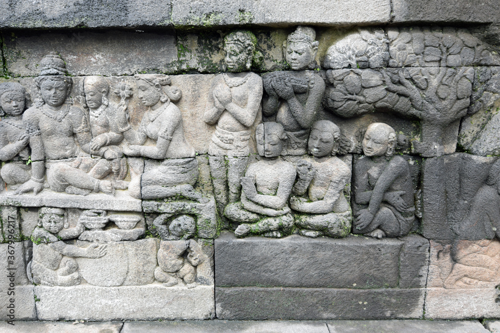 Relief am buddhistischen Borobudur-Tempel auf Java Relief am buddhistischen Borobudur-Tempel auf Java