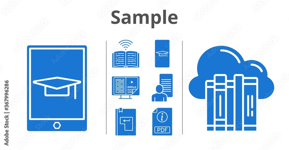 sample set. included student-smartphone, cloud, study, ebook, pdf, book, student-tablet, enter icons. filled styles. sample set. included student-smartphone, cloud, study, ebook, pdf, book, student-tablet, enter icons. filled styles.