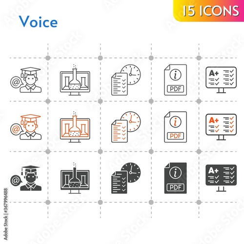 voice icon set. included chemistry, pdf, test, student, student (1) icons on white background. linear, bicolor, filled styles.