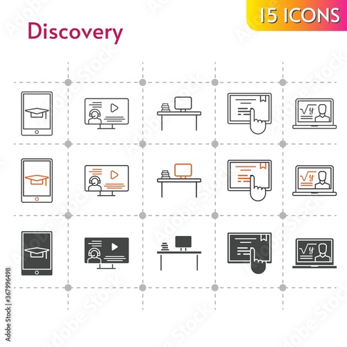 discovery icon set. included professor, desktop, instructor, student-tablet, touchscreen icons on white background. linear, bicolor, filled styles.