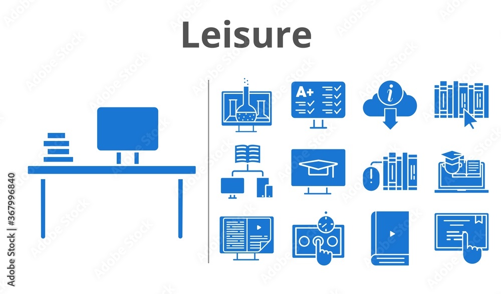 leisure set. included chemistry, ebook, desktop, books, test, school, book, touchscreen, information, training, student-desktop icons. filled styles.
