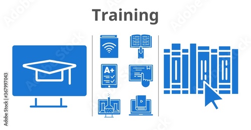 training set. included chemistry, audiobook, ereader, ebook, learn, book, touchscreen, student-desktop icons. filled styles.