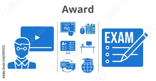 award set. included exam, teacher, books, desktop, test, homework, school, touchscreen icons. filled styles.